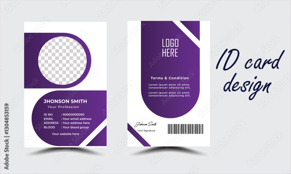 Fototapeta premium Modern Identity Card With Gradient Purple Navy Blue. Simple purple employee id card design template with editable text.