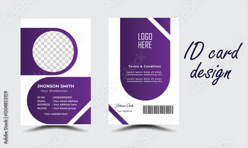 Modern Identity Card With Gradient Purple Navy Blue. Simple purple employee id card design template with editable text.