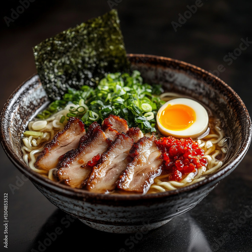 The image shows a bowl of ramen noodles topped with slices of pork, a soft-boiled egg, red chili flakes, green onions, and a seaweed strip. The bowl is placed on a dark surface.