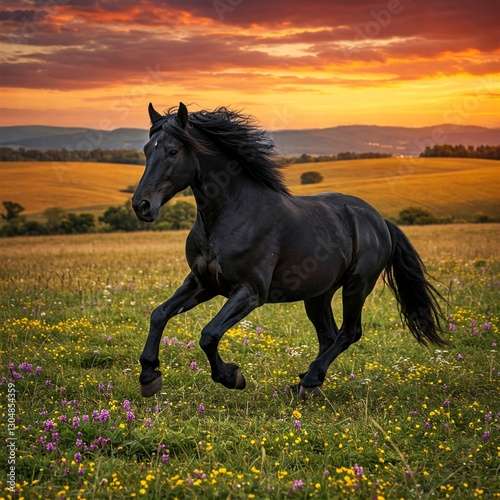 Black Horse Running Freely Through Lush Green Meadow at Sunset, Natural Light Photography