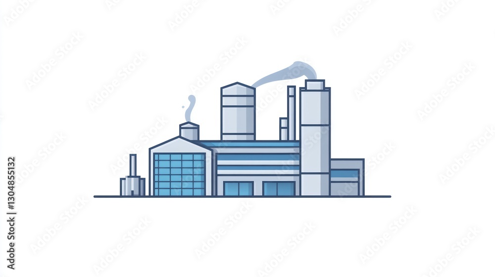 Obraz premium Industrial complex, modern factory, manufacturing, production facility, graphic, simple design, industrial scene, vector illustration