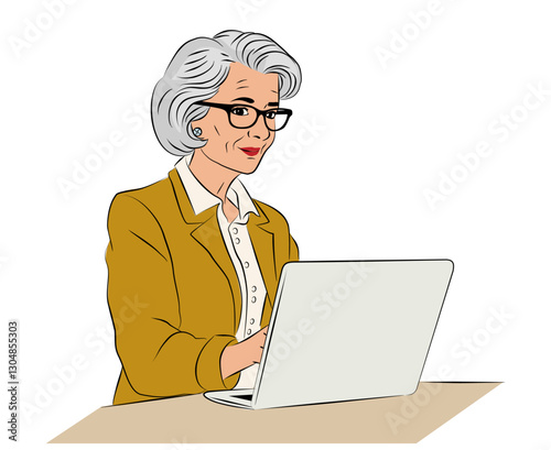 Senior business woman in glasses is sitting at the desk working on laptop. Sketch style hand drawn vector illustration isolated on transparent background