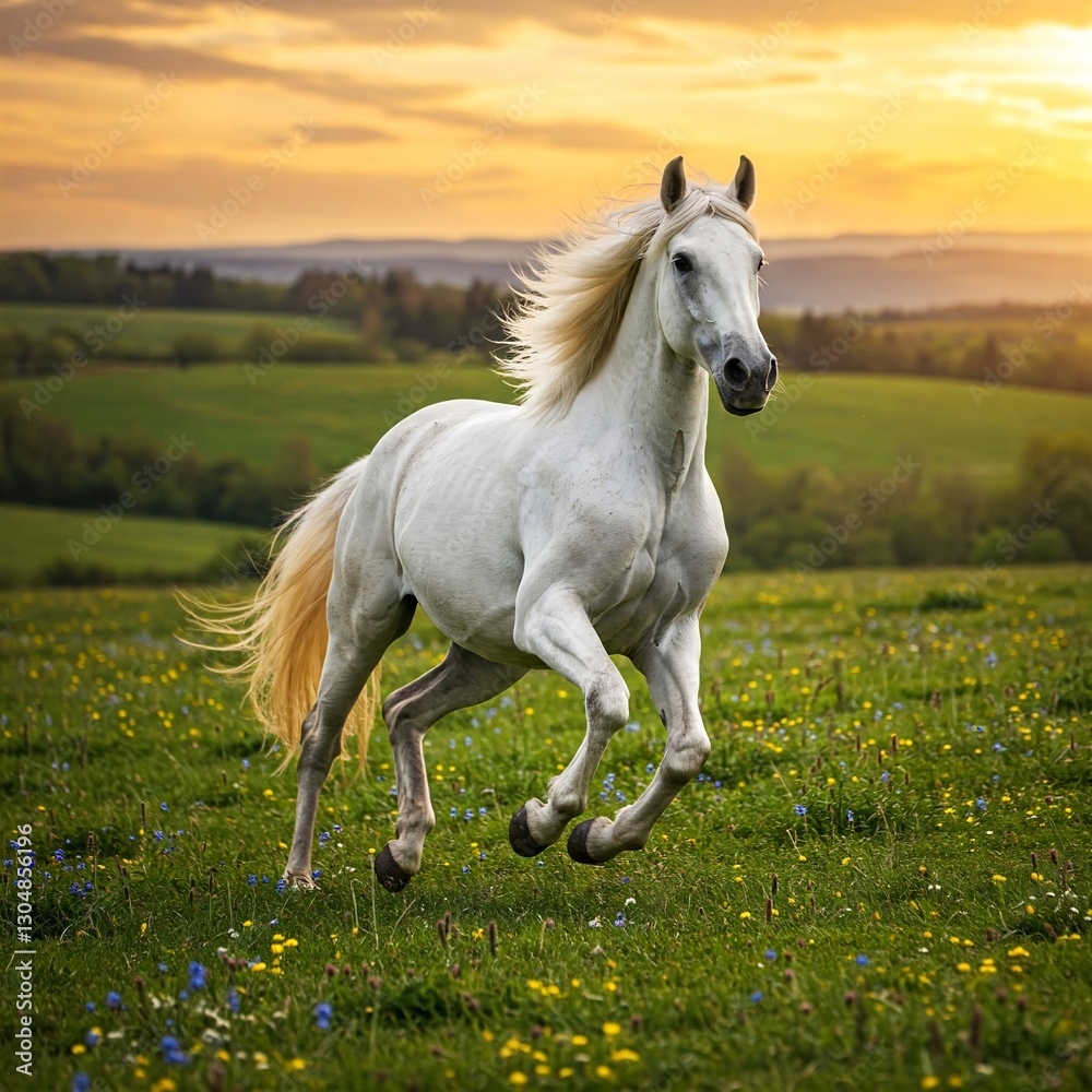 White Horse Running Freely Through a Meadow at Sunset, Golden Hour Natural Light Photography White Horse Running Freely Through a Meadow at Sunset, Golden Hour Natural Light Photography