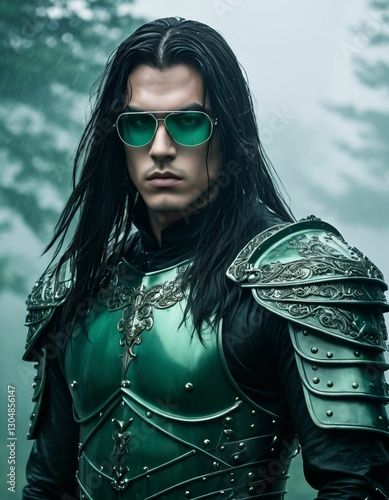 a man in armor and glasses, with a dreamy, fanciful look
