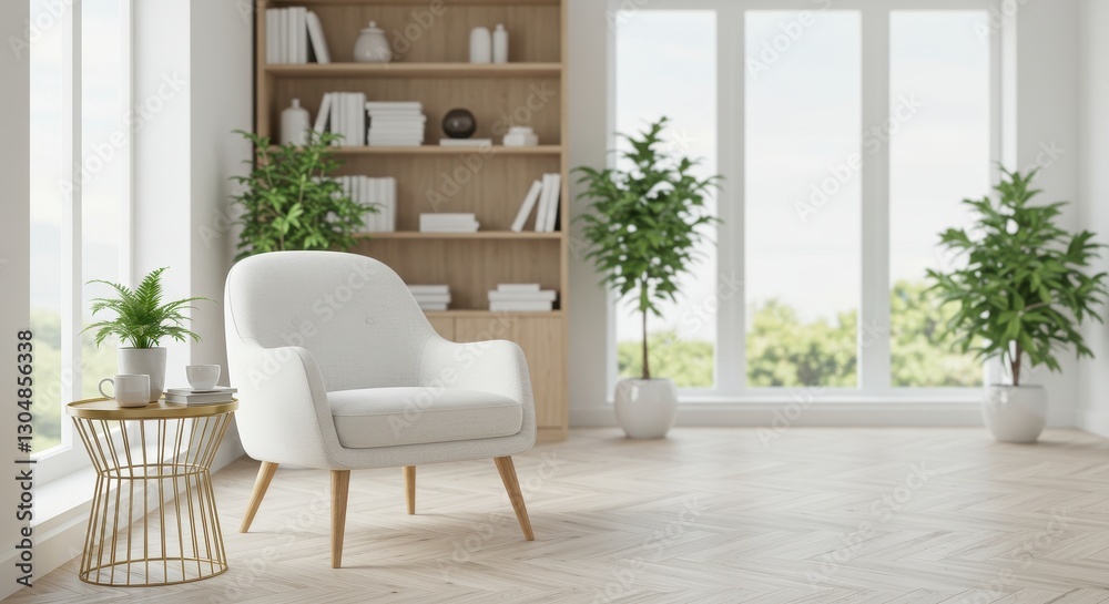 A bright and airy minimalist reading nook featuring a modern white fabric armchair with wooden legs positioned near large windows A bright and airy minimalist reading nook featuring a modern white fabric armchair with wooden legs positioned near large windows