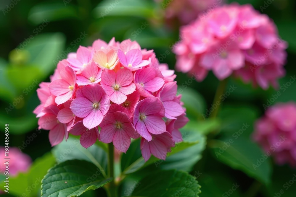 Lush Breton hydrangeas bloom in vibrant garden , purple, detail, France Lush Breton hydrangeas bloom in vibrant garden , purple, detail, France
