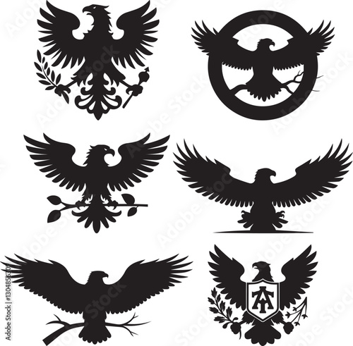 Set of Black and White Silhouettes of Eagles and Emblems