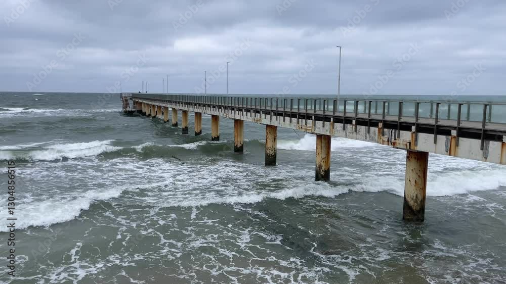 A pier extends into the ocean as choppy waves hit its structure under gray skies The scene captures the power of nature and the beauty of a coastal environment during turbulent weather