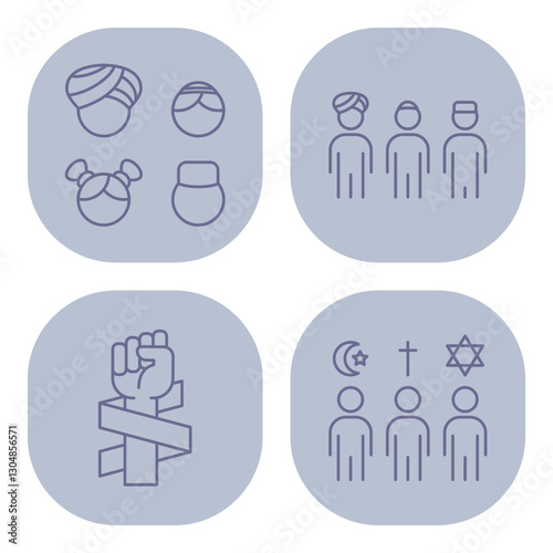 Collection of minimalist icons depicting different cultural and religious identities. Range of human figures and symbols related to diversity, unity, and faith concept
