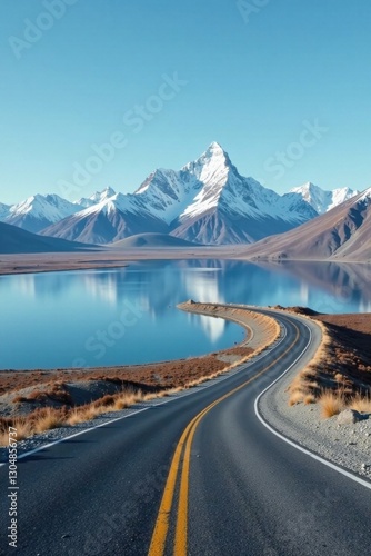 Asphalt ribbon unwinding alongside a serene lake, mirroring snow-capped peaks under a clear sky, a picturesque journey awaits