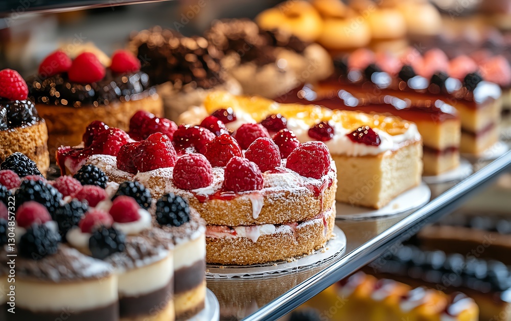 Vibrant assortment of small cakes and pastries on display at a patisserie counter