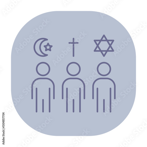 Three human figures standing together, symbolizing unity among different religions. Crescent moon, cross, and star of David, representing faith diversity
