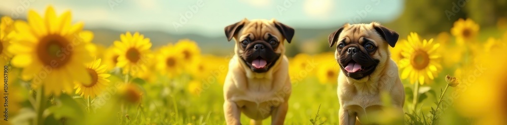 Obraz premium Pug in sunflower field, vibrant colors, joyful scene , gold, floral, digital art
