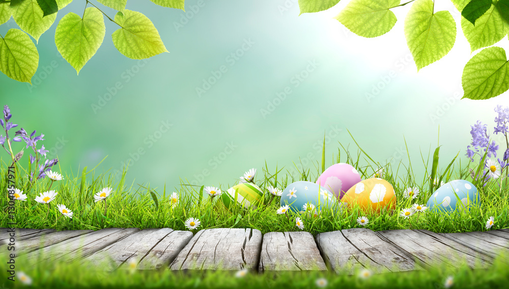 Five painted easter eggs celebrating a Happy Easter on a spring day with a green grass meadow, bright sunlight, tree leaves, a cool colour background, copy space and a wooden bench to display products
