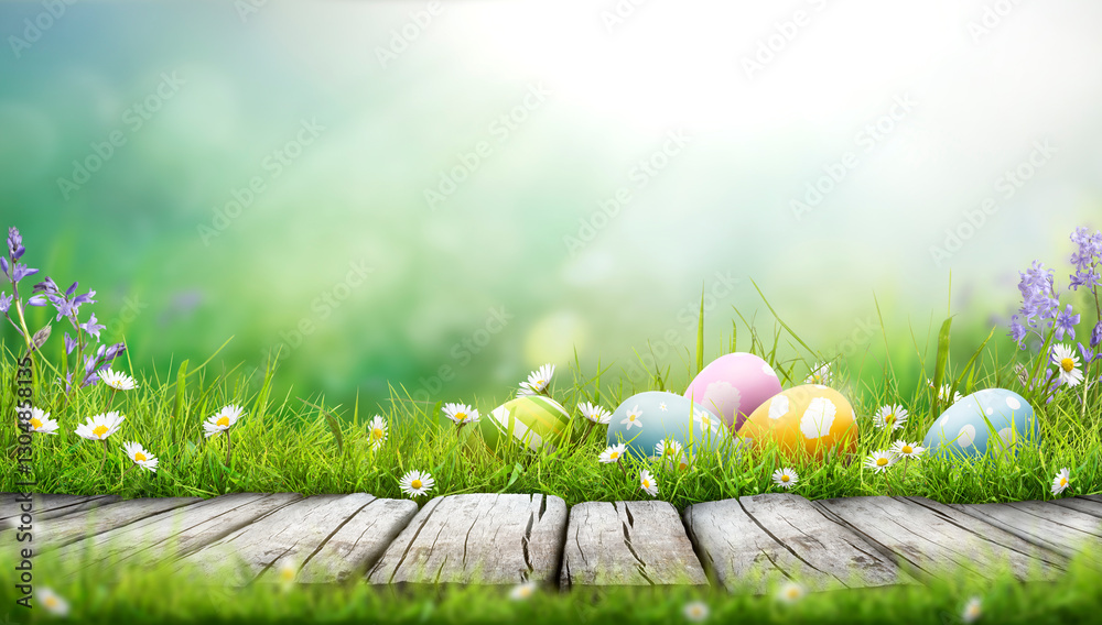 Five painted easter eggs celebrating a Happy Easter on a spring day with a green grass meadow, bright sunlight and a cool colour background with copy space and a wooden bench to display products.