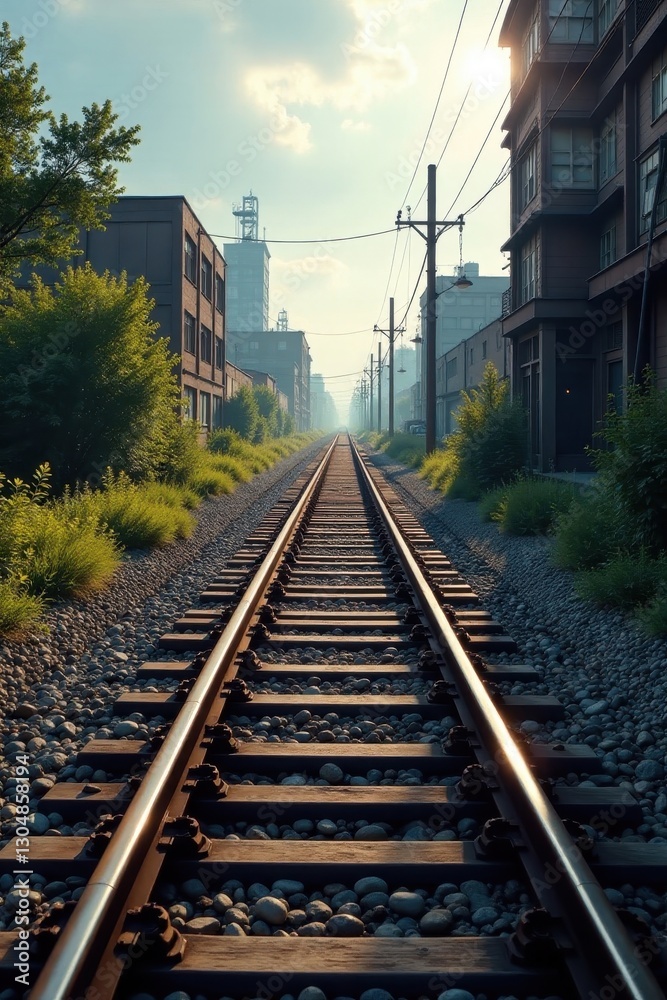 Fototapeta premium Steel railroad tracks from above, industrial area backdrop, crossing, geometry, pattern