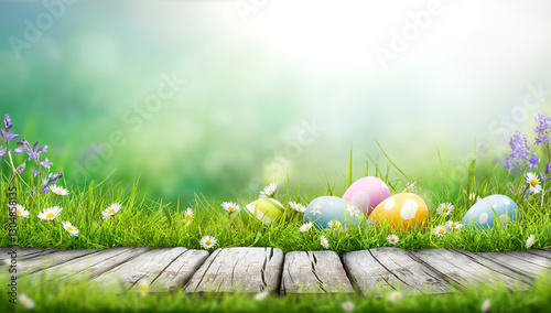 Obraz na płótnie Five painted easter eggs celebrating a Happy Easter on a spring day with a green grass meadow, bright sunlight and a cool colour background with copy space and a wooden bench to display products. w salonie