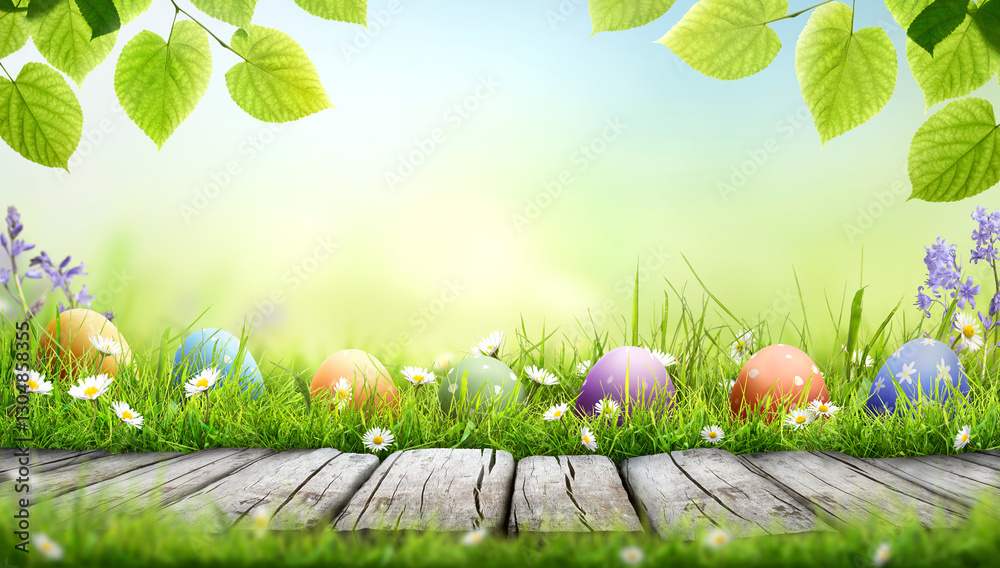 Seven painted easter eggs celebrating a Happy Easter on a spring day with a green grass meadow, bright sunlight, tree leaves, warm colour background, copy space and a wooden bench to display products.