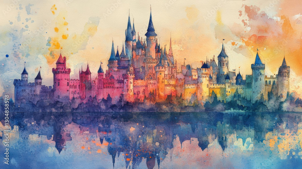 Fototapeta premium captivating watercolor painting of colorful castle reflecting in water, showcasing vibrant hues and intricate details