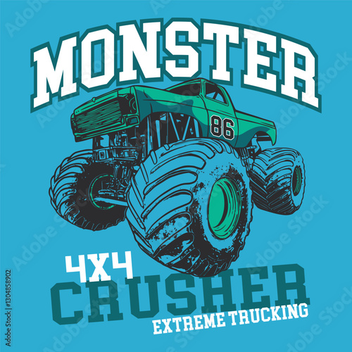 Cartoon monster truck 4x4 road illustration for t-shirt print, Colorful monster truck vector. Art with lettering composition for prints on t-shirts, Monster truck vector logo design inspiration slogan