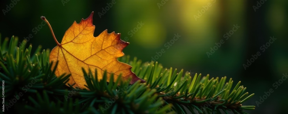 Single aspen leaf nestled amongst pine needles, plant, macro, nature Single aspen leaf nestled amongst pine needles, plant, macro, nature