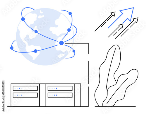 Earth with interconnected nodes symbolizes connectivity. Server units, upward arrows for growth, plant outline. Ideal for tech, cloud computing, internet, innovation globalization analytics. Flat