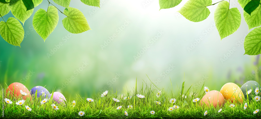 Six painted easter eggs celebrating a Happy Easter on a spring day with a green grass meadow, bright sunlight, tree leaves and a cool colour background with copy space.