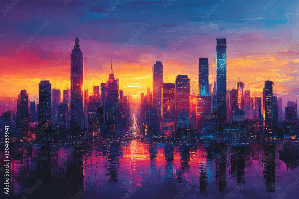Fototapeta premium vibrant city skyline at sunset, showcasing colorful reflections on water