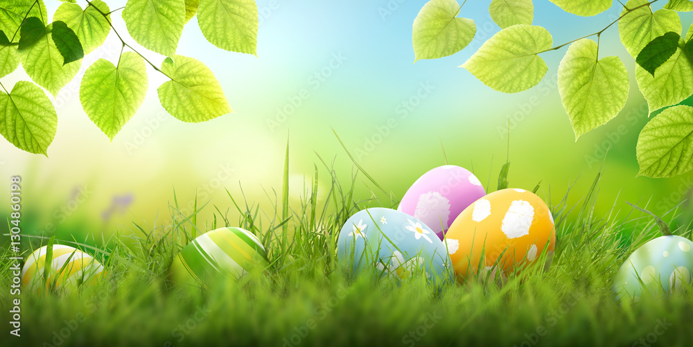 Six painted easter eggs celebrating a Happy Easter on a spring day with a green grass meadow, bright sunlight, tree leaves and a warm colour background with copy space.