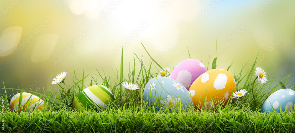 Six painted easter eggs celebrating a Happy Easter on a spring day with a green grass meadow, bright sunlight and a warm colour background with copy space.
