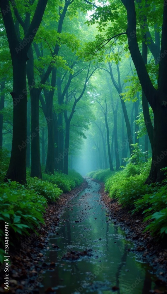 Naklejka premium Torrential rain lashes Osaka forest; trees drenched, paths flooded, woodland, rain