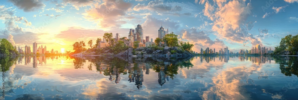 Naklejka premium A futuristic city skyline reflecting on water at sunset. Skyscrapers, abstract perspective, urban atmosphere, digital painting style, vibrant colors, dreamlike architecture. Generative AI.