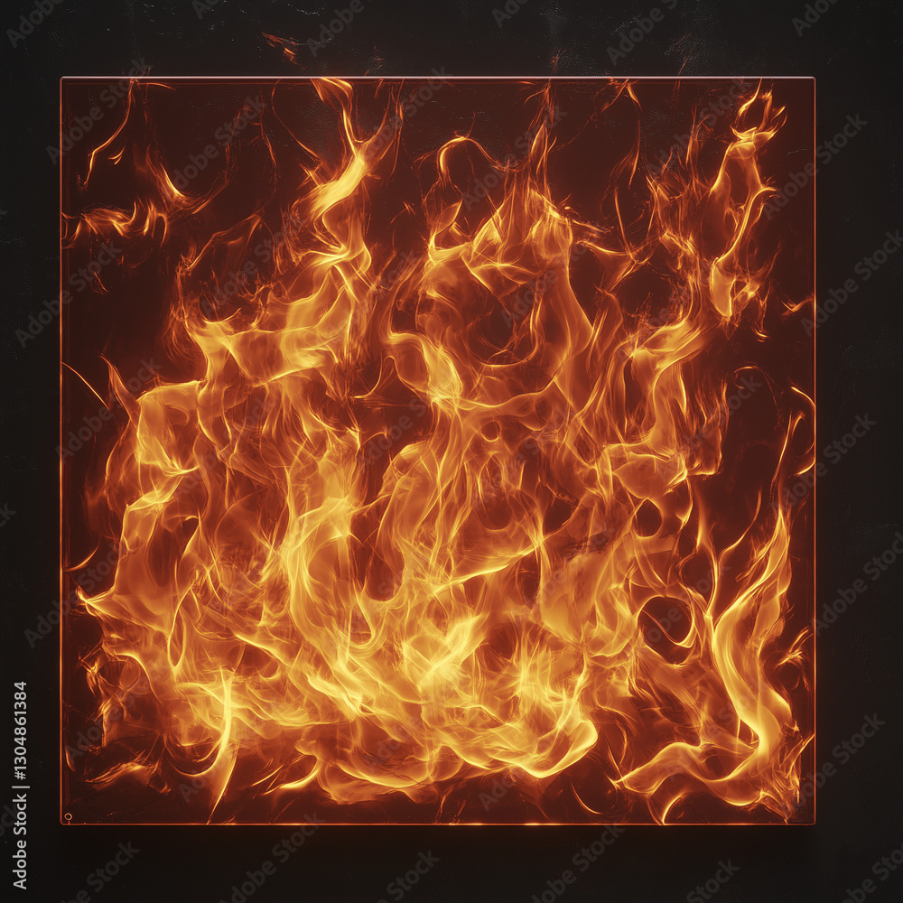 Fototapeta premium Realistic fire texture featuring dynamic orange and yellow flames within a square frame. The intense heat and energy create a dramatic visual, ideal for backgrounds, digital art, and CGI effects.