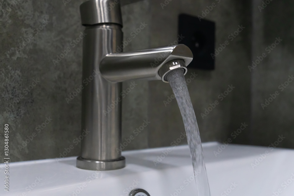 Fresh, clean water flowing from a brushed nickel bathroom faucet into a white sink, complementing a modern bathroom design with a stylish gray tiled wall Fresh, clean water flowing from a brushed nickel bathroom faucet into a white sink, complementing a modern bathroom design with a stylish gray tiled wall