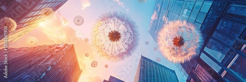 A giant dandelion floating between modern skyscrapers at sunset.