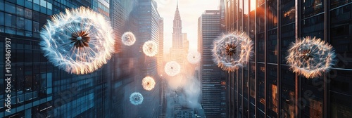 A giant dandelion floating between modern skyscrapers at sunset.