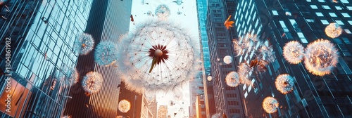 A giant dandelion floating between modern skyscrapers at sunset.