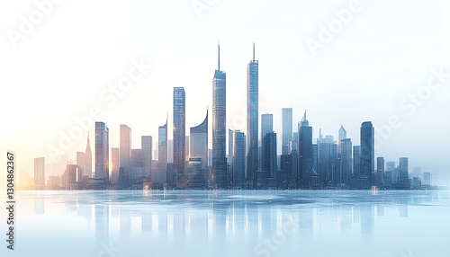 Futuristic city skyline with diverse highrise structures