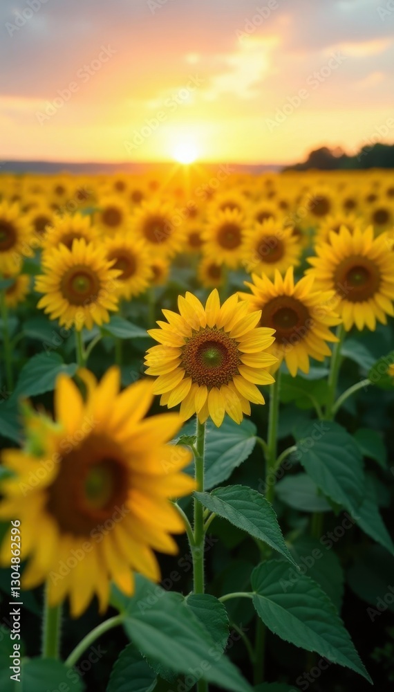 Fototapeta premium Sunflowers in vast field, golden heads east, dawn light , blossoms, yellow