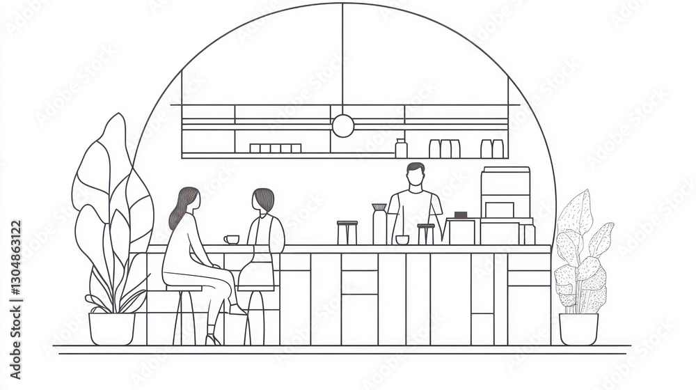 Fototapeta premium Modern cafe interior scene, customers enjoying coffee, barista serving. Stock photo