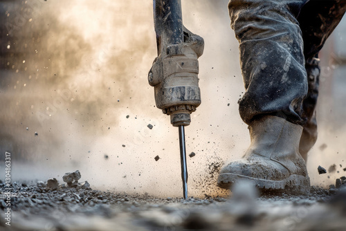 Construction worker skillfully breaking up concrete with a jackhammer in an industrial setting