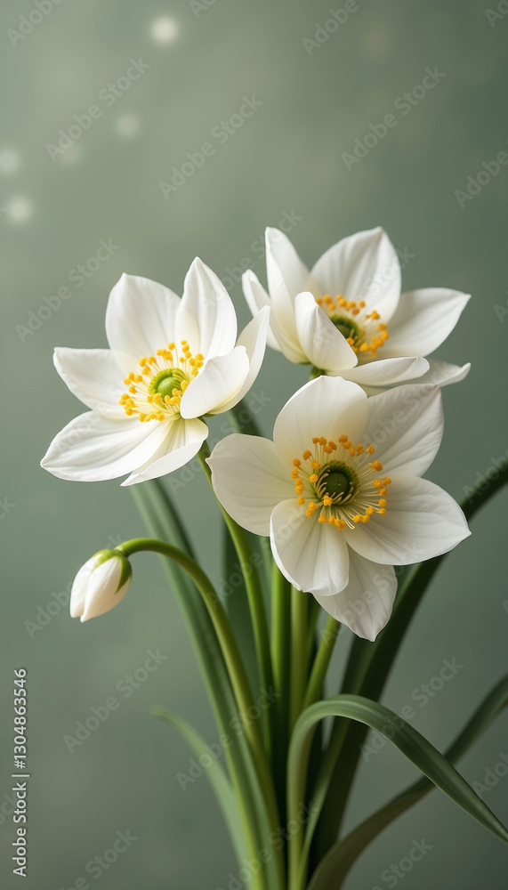 Bouquet with anemones and greenery, Three White Anemones, Close-Up, in Romantic Style, Against a Dark Green Background, with copy space Bouquet with anemones and greenery, Three White Anemones, Close-Up, in Romantic Style, Against a Dark Green Background, with copy space