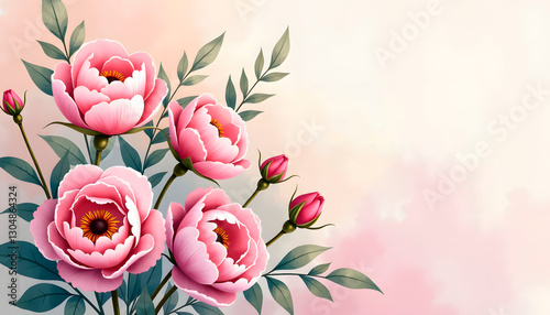 Delicate floral background featuring pink peonies and buds, perfect for invitations or decorative designs
