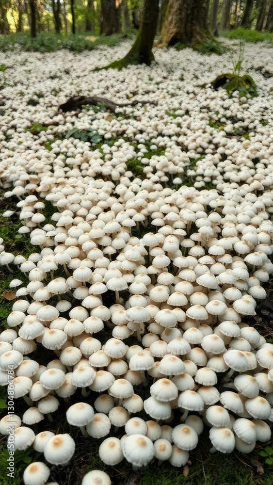 A blanket of small white mushrooms covering the entire forest ground like a soft layer, fungal growth, greenery A blanket of small white mushrooms covering the entire forest ground like a soft layer, fungal growth, greenery