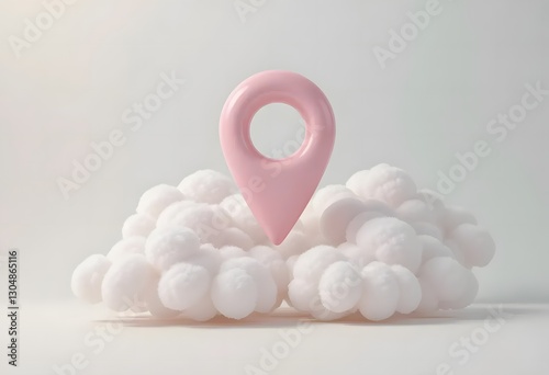 Soft Minimalist Pink Location Pin on Cloud Background for Navigation, Travel, and Dreamy Concepts in Stock Photography