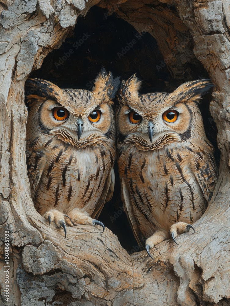 Majestic owls perched in tree hollow, showcasing their striking features and intense eyes Majestic owls perched in tree hollow, showcasing their striking features and intense eyes