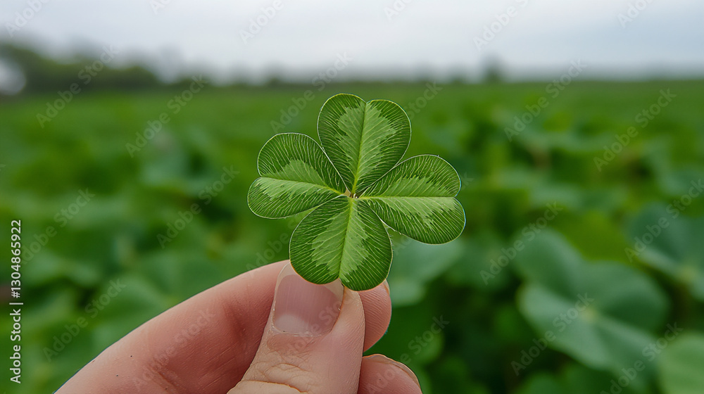 p A close-up shot of a hand holding a four-le