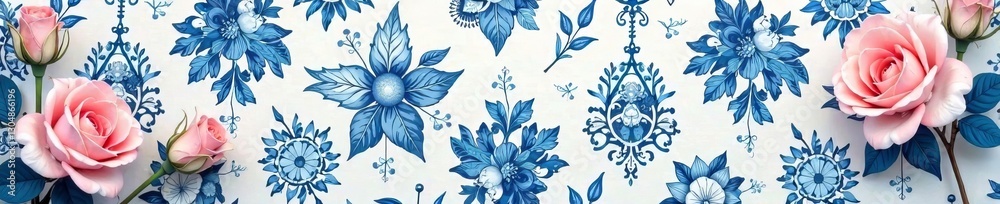 Delicate blue toile fabric with French floral patterns and intricate designs featuring pale pink and white roses in a whimsical arrangement, blue toile, soft pastels Delicate blue toile fabric with French floral patterns and intricate designs featuring pale pink and white roses in a whimsical arrangement, blue toile, soft pastels