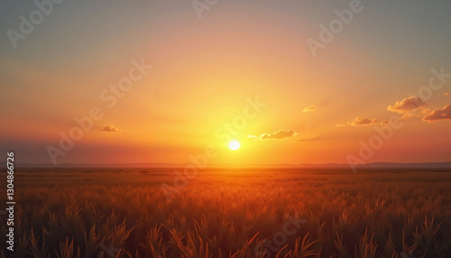Sunset horizon landscape with open sky in panoramic wide shot and warm golden hour light