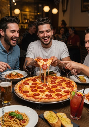 Friends and a couple enjoying pizza together at a restaurant